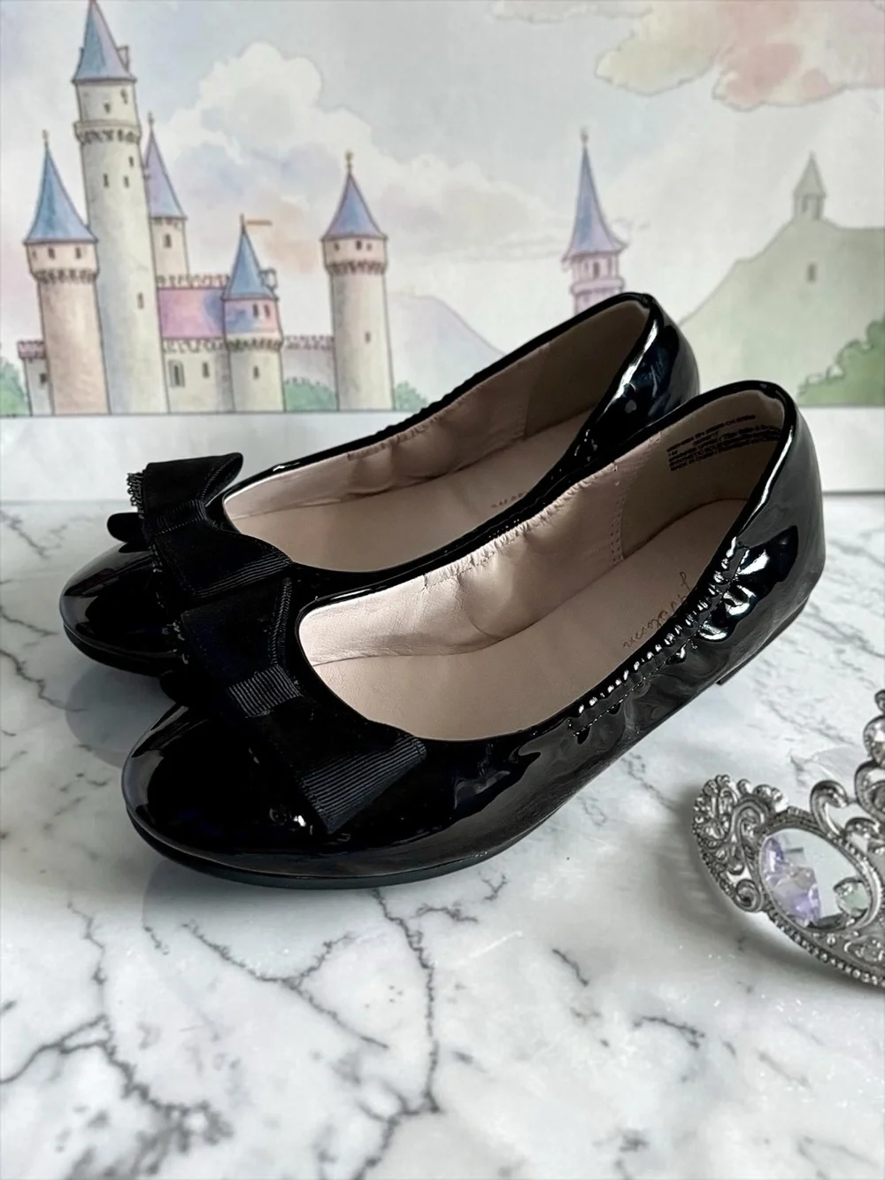 Riley & Bloom Bow Flats Black Patent Shiny Girls Size 1 EUC